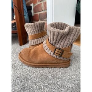 UGG Australia Roslynn Chestnut Suede Knit Buckle Ankle Boots Womens 8
